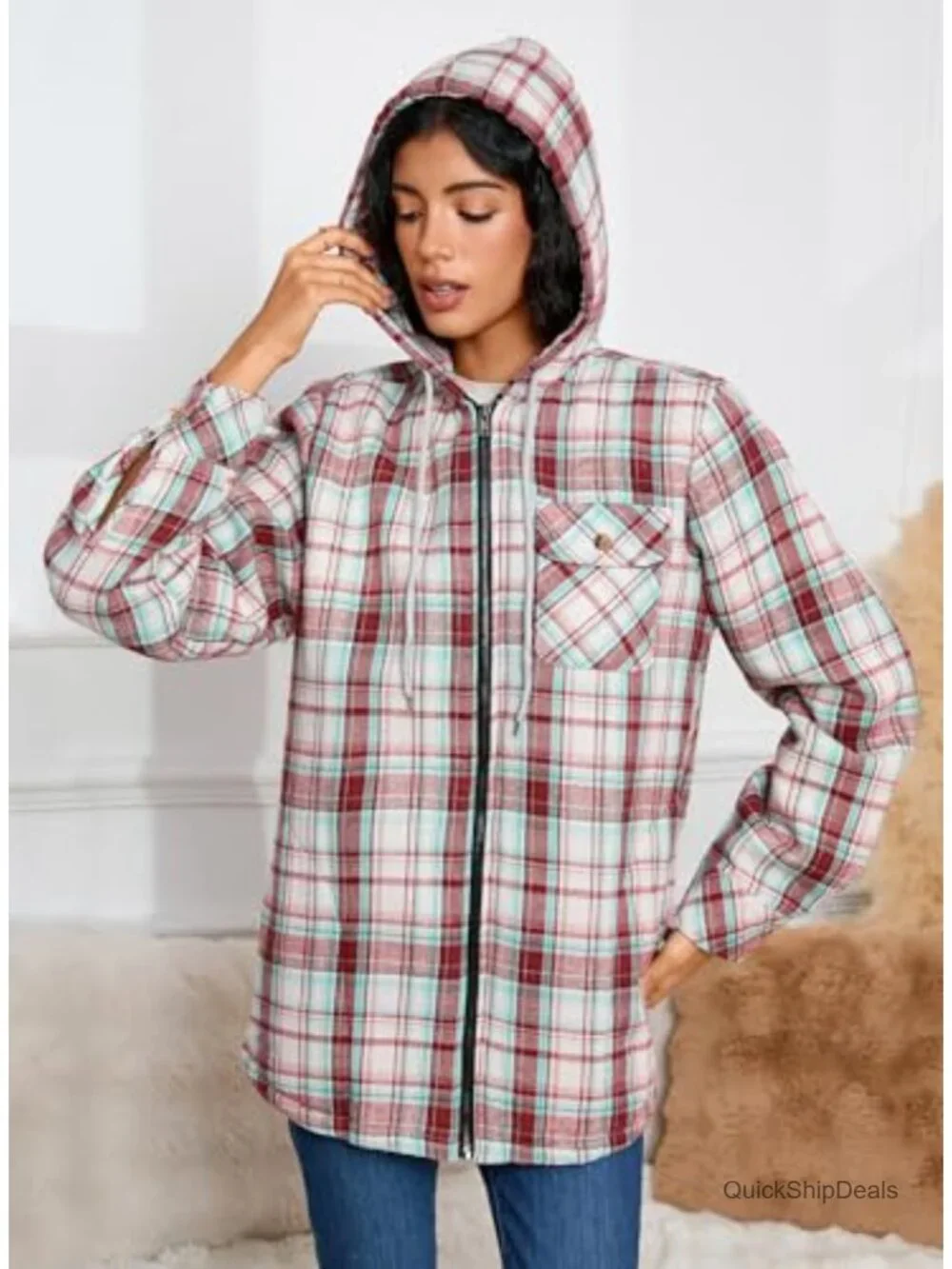 Women's Fleece Flannel Plaid Sherpa Hooded Jacket Full Zip Warm Winter